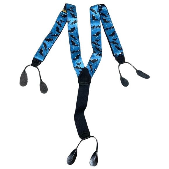 Vtg World Wildlife Fund WWF Blue Suspenders Orca Killer‎ Whales Novelty Print - Picture 1 of 5